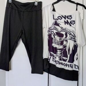 Two Piece Set Black Leggings and Graphic Skull Top. "Love Me Like My Demons Do"